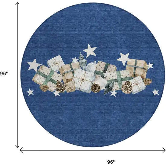8' Navy Blue Beige Ivory And Taupe Round Presents Washable Indoor Outdoor Area Rug Photo 8