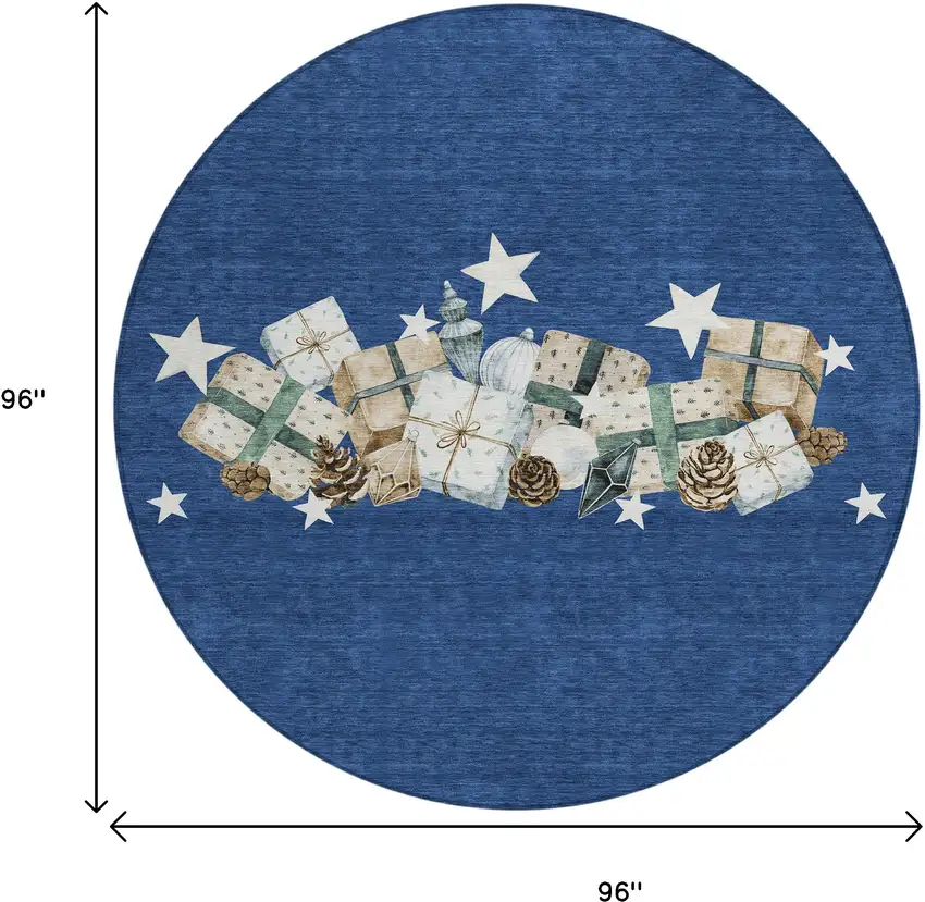 8' Navy Blue Beige Ivory And Taupe Round Presents Washable Indoor Outdoor Area Rug Photo 8