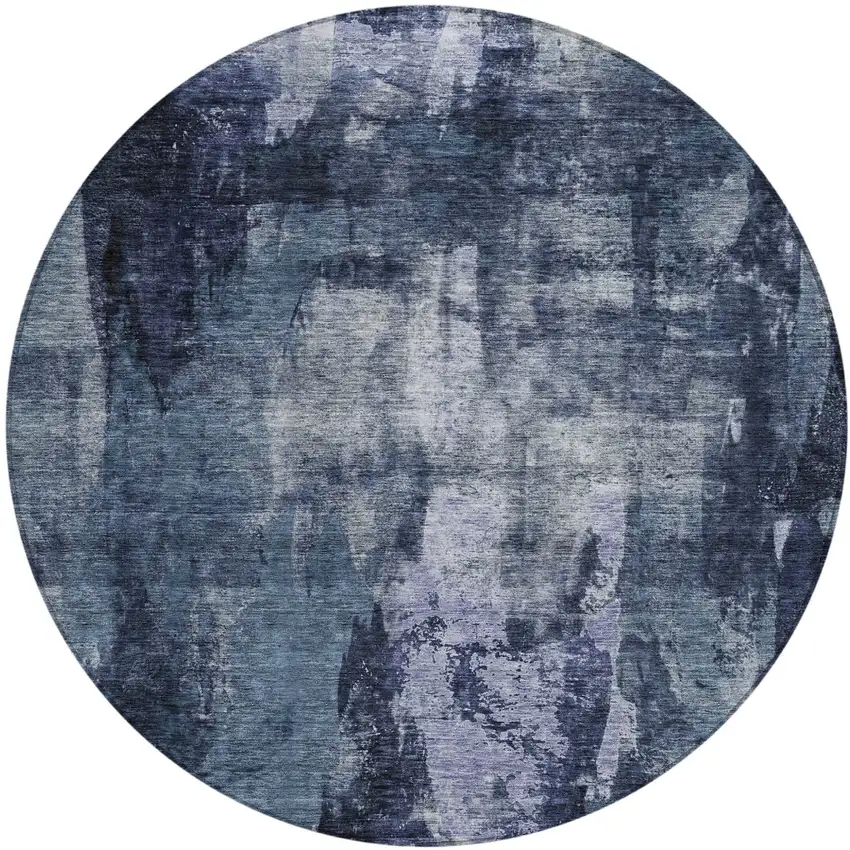8' Navy Blue Black And Gray Round Abstract Washable Indoor Outdoor Area Rug Photo 2