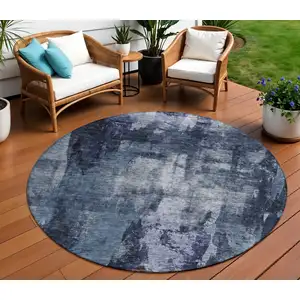 Photo of 8' Navy Blue Black And Gray Round Abstract Washable Indoor Outdoor Area Rug