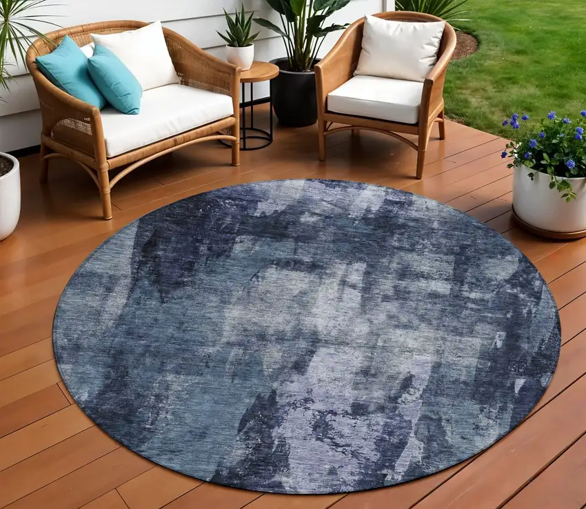 8' Navy Blue Black And Gray Round Abstract Washable Indoor Outdoor Area Rug Photo 1