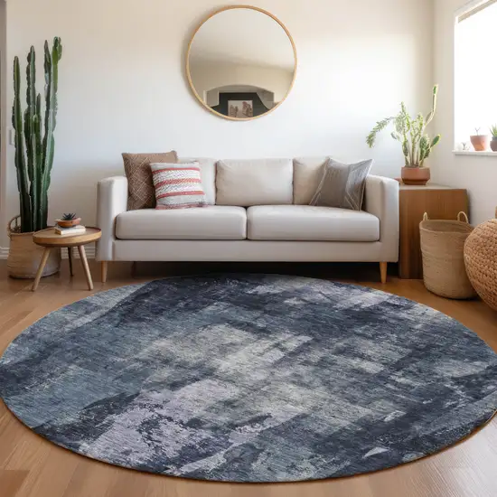 8' Navy Blue Black And Gray Round Abstract Washable Indoor Outdoor Area Rug Photo 8