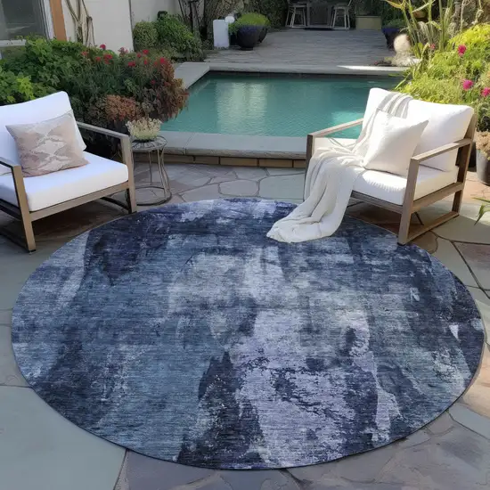 8' Navy Blue Black And Gray Round Abstract Washable Indoor Outdoor Area Rug Photo 7