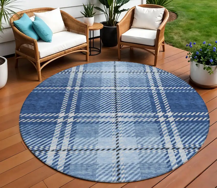 8' Navy Blue Black And Ivory Round Plaid Washable Indoor Outdoor Area Rug Photo 1