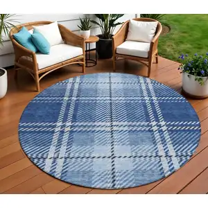 Photo of 8' Navy Blue Black And Ivory Round Plaid Washable Indoor Outdoor Area Rug