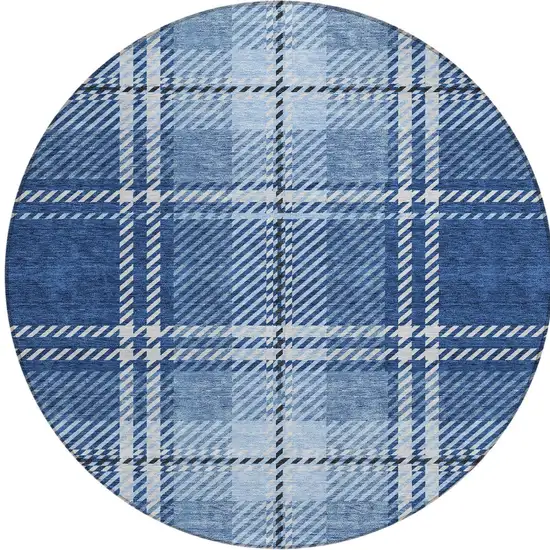 8' Navy Blue Black And Ivory Round Plaid Washable Indoor Outdoor Area Rug Photo 5
