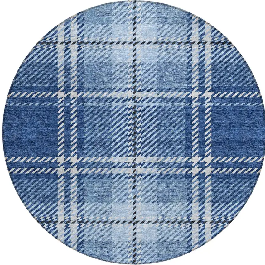 8' Navy Blue Black And Ivory Round Plaid Washable Indoor Outdoor Area Rug Photo 5