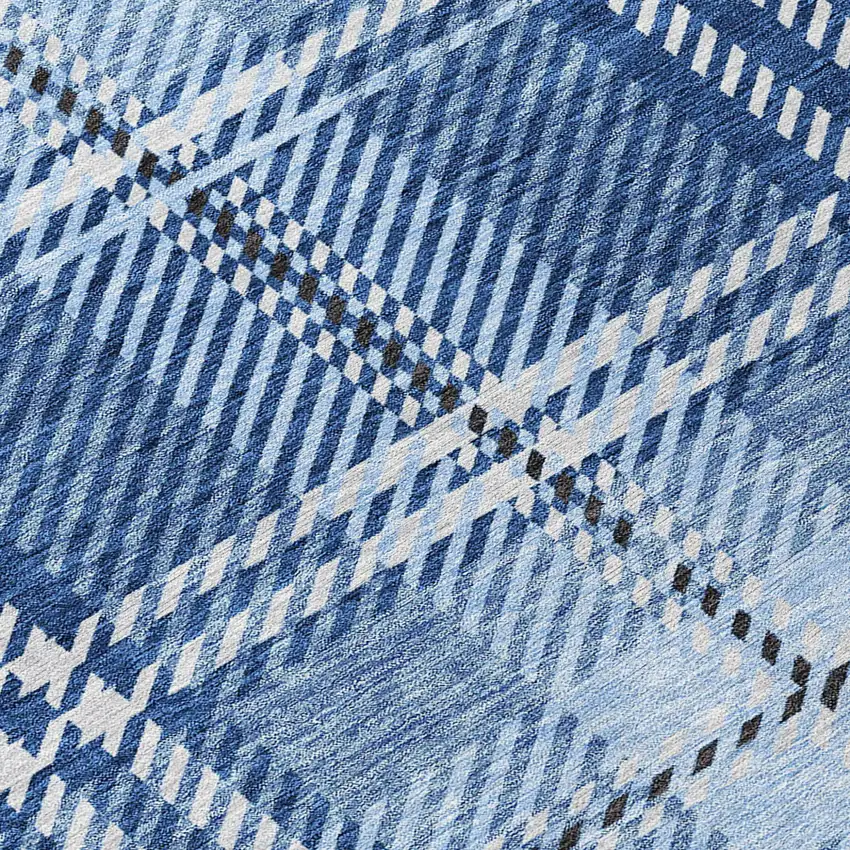 8' Navy Blue Black And Ivory Round Plaid Washable Indoor Outdoor Area Rug Photo 8