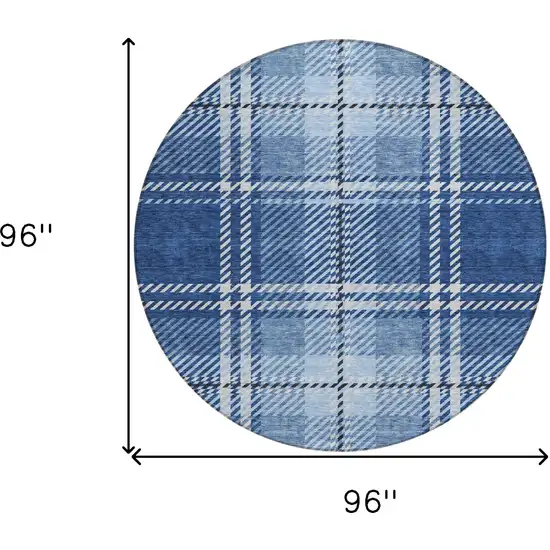 8' Navy Blue Black And Ivory Round Plaid Washable Indoor Outdoor Area Rug Photo 3