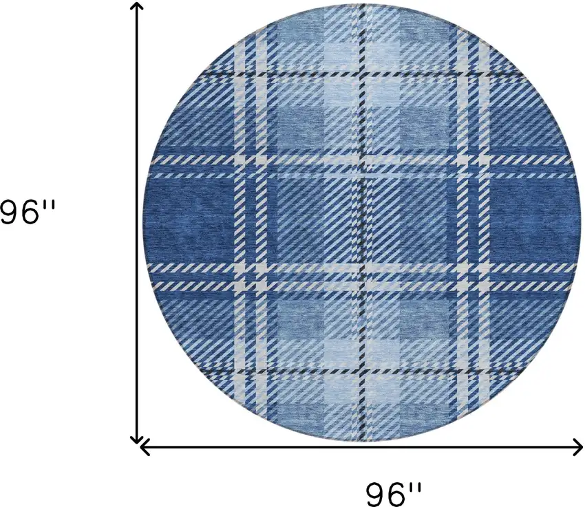 8' Navy Blue Black And Ivory Round Plaid Washable Indoor Outdoor Area Rug Photo 3