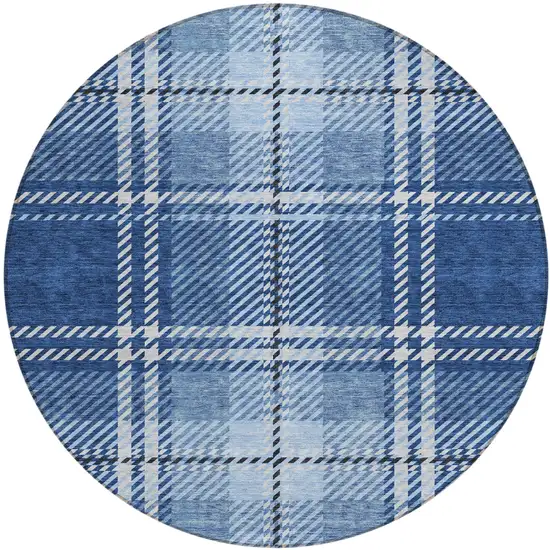 8' Navy Blue Black And Ivory Round Plaid Washable Indoor Outdoor Area Rug Photo 2