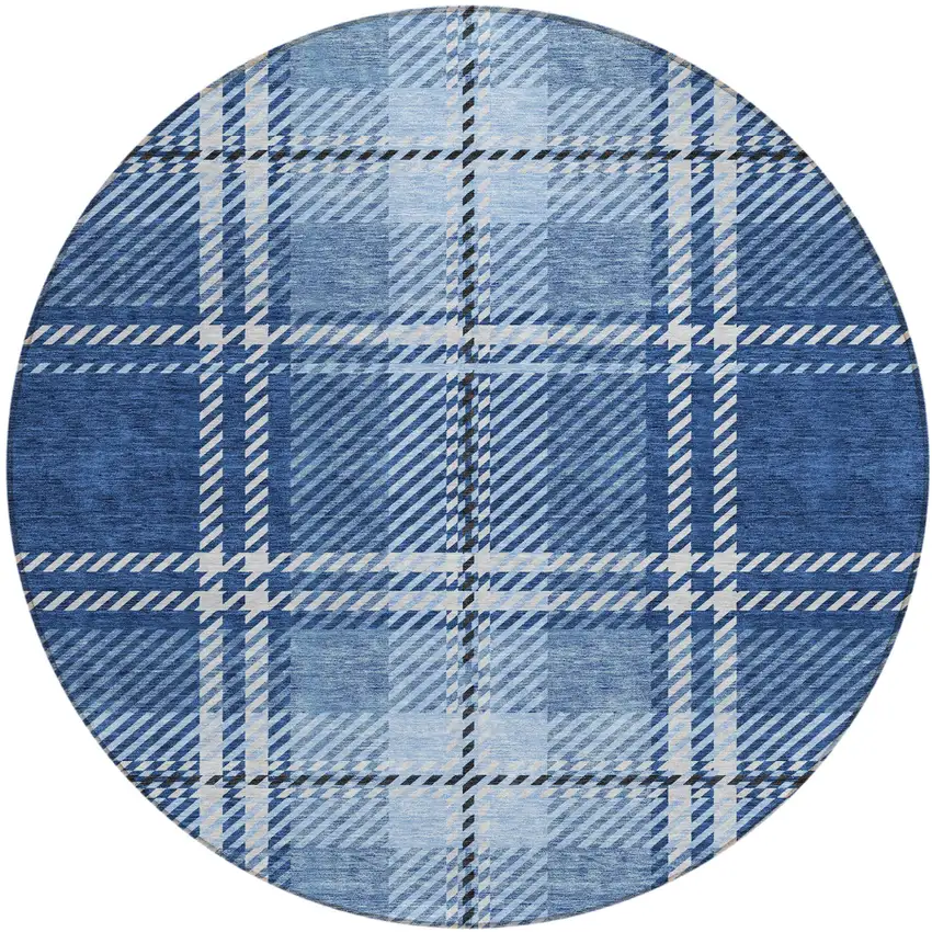 8' Navy Blue Black And Ivory Round Plaid Washable Indoor Outdoor Area Rug Photo 2