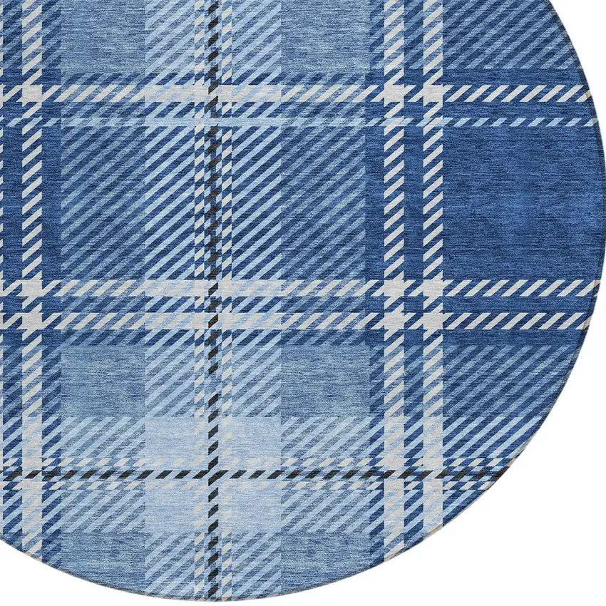 8' Navy Blue Black And Ivory Round Plaid Washable Indoor Outdoor Area Rug Photo 4