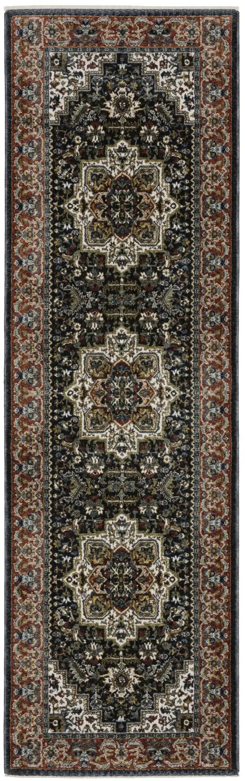 8' Navy Blue Black And White Medallion Runner Rug With Fringe Photo 2