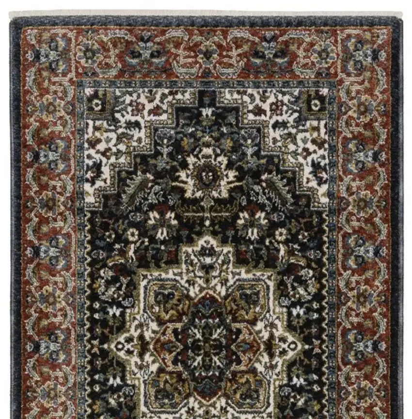 8' Navy Blue Black And White Medallion Runner Rug With Fringe Photo 4