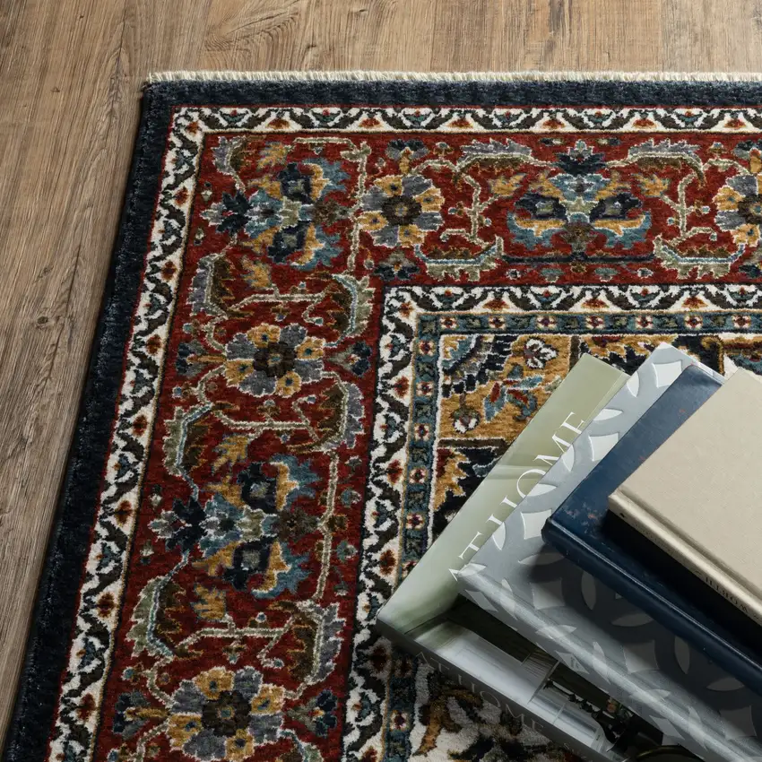 8' Navy Blue Black And White Medallion Runner Rug With Fringe Photo 9