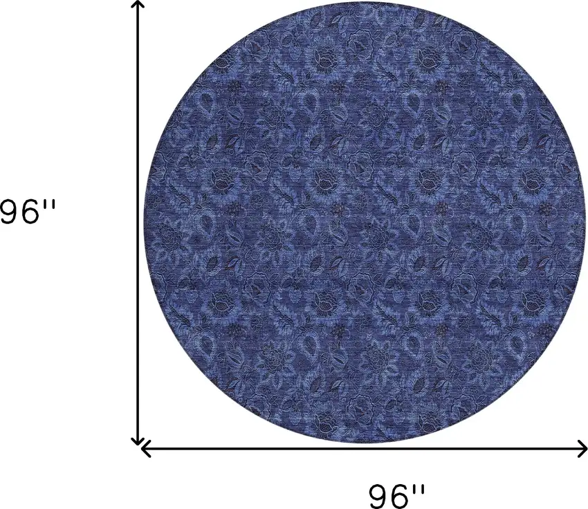 8' Navy Blue Blue And Charcoal Round Floral Washable Indoor Outdoor Area Rug Photo 3