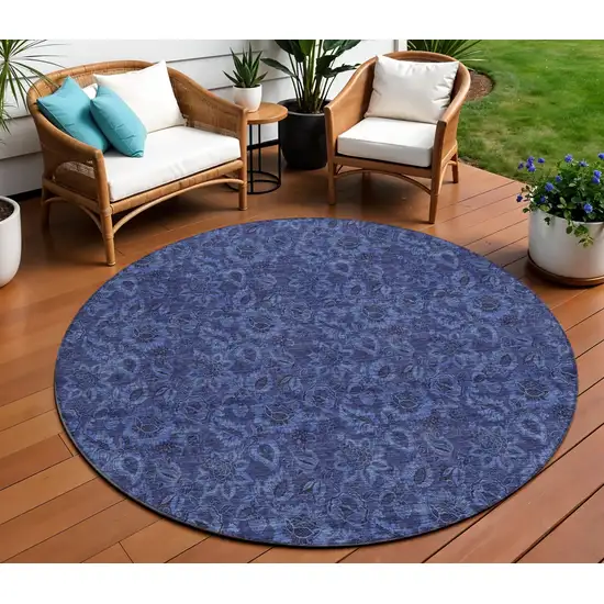 8' Navy Blue Blue And Charcoal Round Floral Washable Indoor Outdoor Area Rug Photo 1