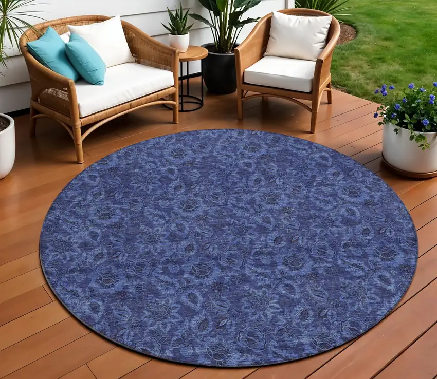 8' Navy Blue Blue And Charcoal Round Floral Washable Indoor Outdoor Area Rug Photo 1