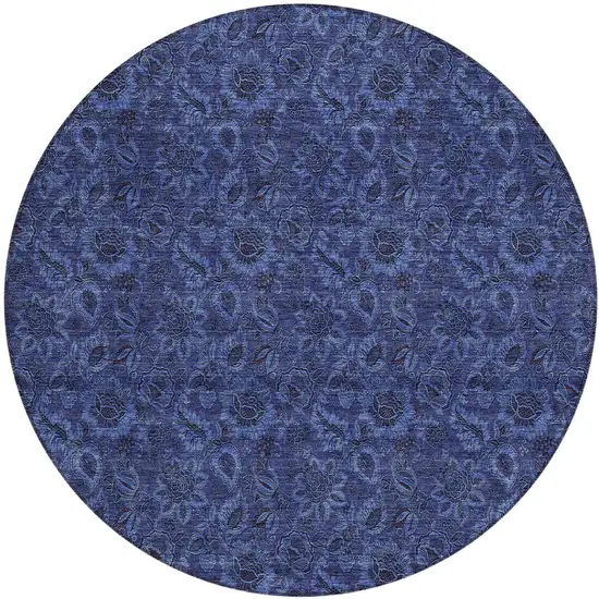 8' Navy Blue Blue And Charcoal Round Floral Washable Indoor Outdoor Area Rug Photo 2
