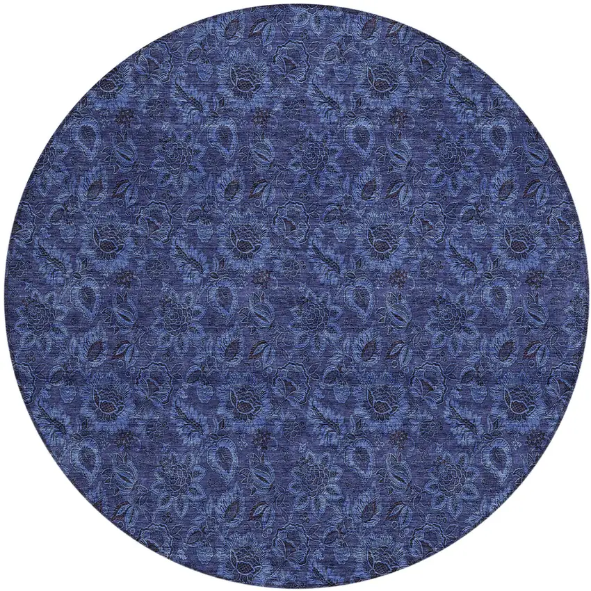 8' Navy Blue Blue And Charcoal Round Floral Washable Indoor Outdoor Area Rug Photo 2
