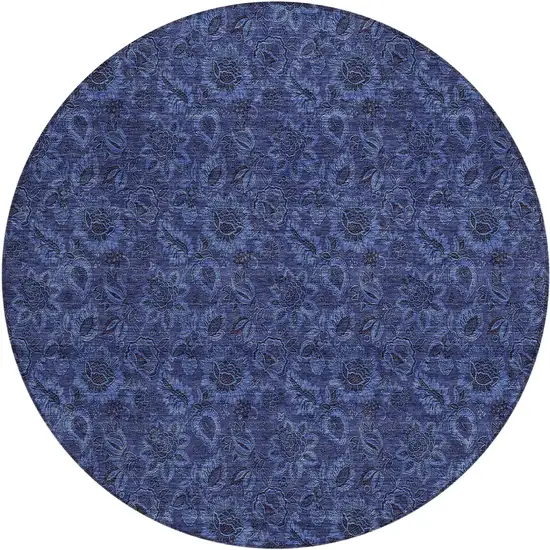 8' Navy Blue Blue And Charcoal Round Floral Washable Indoor Outdoor Area Rug Photo 2