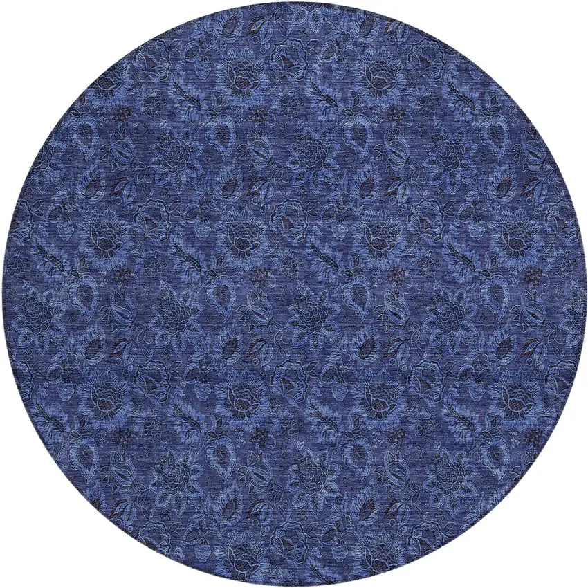 8' Navy Blue Blue And Charcoal Round Floral Washable Indoor Outdoor Area Rug Photo 2