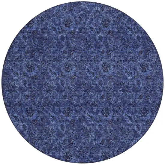 8' Navy Blue Blue And Charcoal Round Floral Washable Indoor Outdoor Area Rug Photo 5