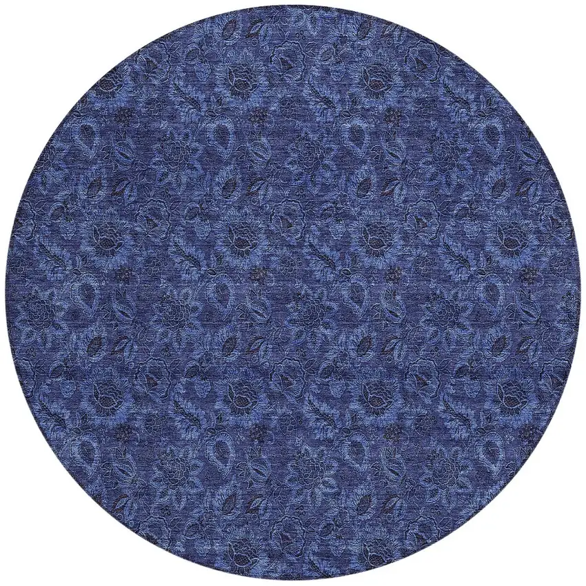 8' Navy Blue Blue And Charcoal Round Floral Washable Indoor Outdoor Area Rug Photo 5