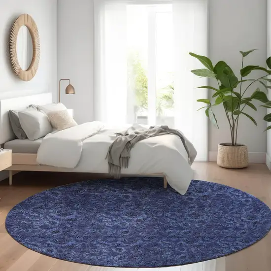8' Navy Blue Blue And Charcoal Round Floral Washable Indoor Outdoor Area Rug Photo 8