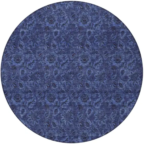 8' Navy Blue Blue And Charcoal Round Floral Washable Indoor Outdoor Area Rug Photo 6