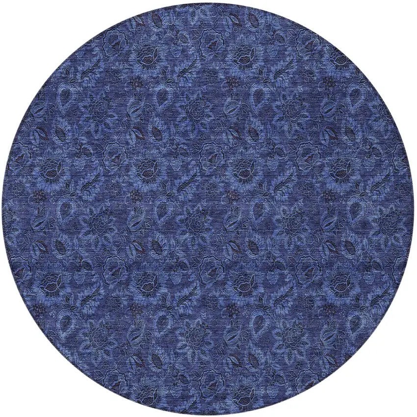 8' Navy Blue Blue And Charcoal Round Floral Washable Indoor Outdoor Area Rug Photo 6