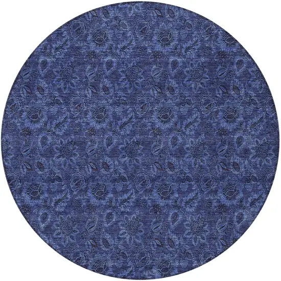 8' Navy Blue Blue And Charcoal Round Floral Washable Indoor Outdoor Area Rug Photo 6