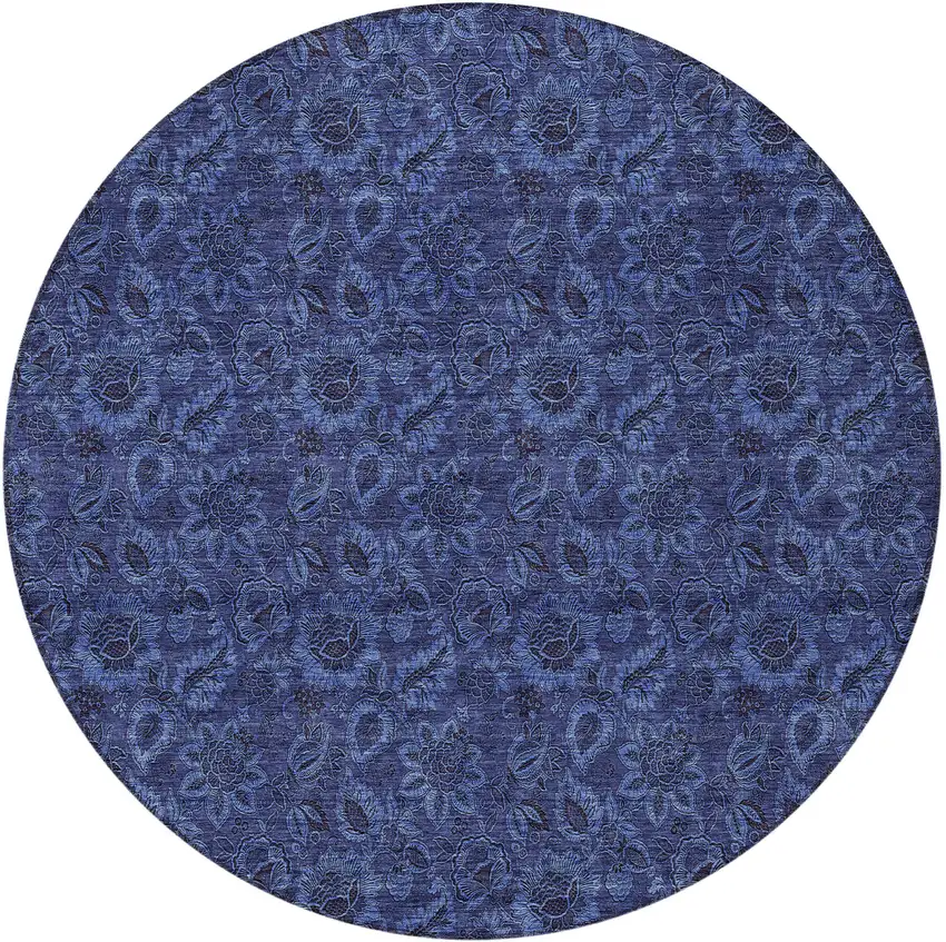8' Navy Blue Blue And Charcoal Round Floral Washable Indoor Outdoor Area Rug Photo 6