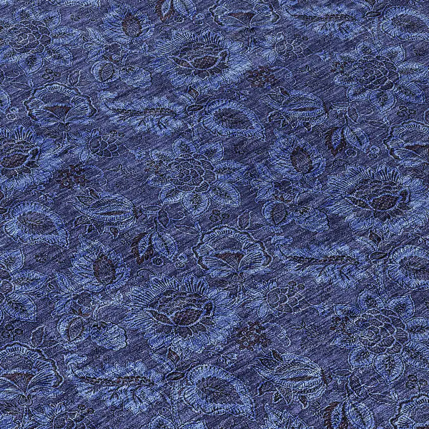 8' Navy Blue Blue And Charcoal Round Floral Washable Indoor Outdoor Area Rug Photo 9