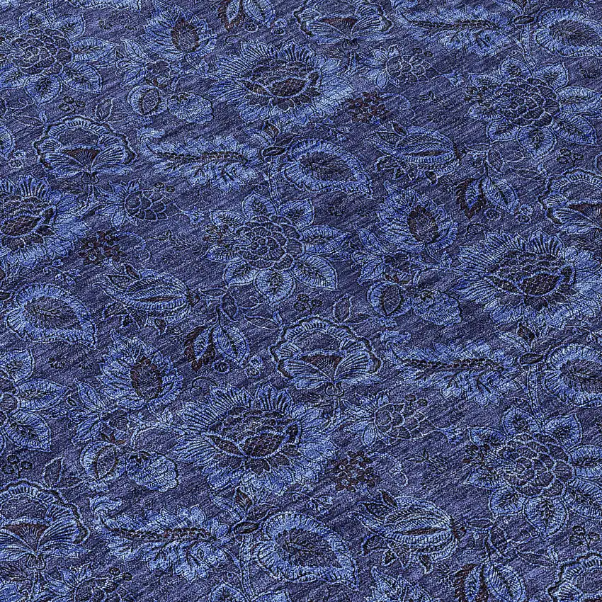 8' Navy Blue Blue And Charcoal Round Floral Washable Indoor Outdoor Area Rug Photo 9