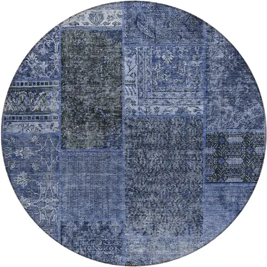 8' Navy Blue Blue And Charcoal Round Patchwork Washable Indoor Outdoor Area Rug Photo 2