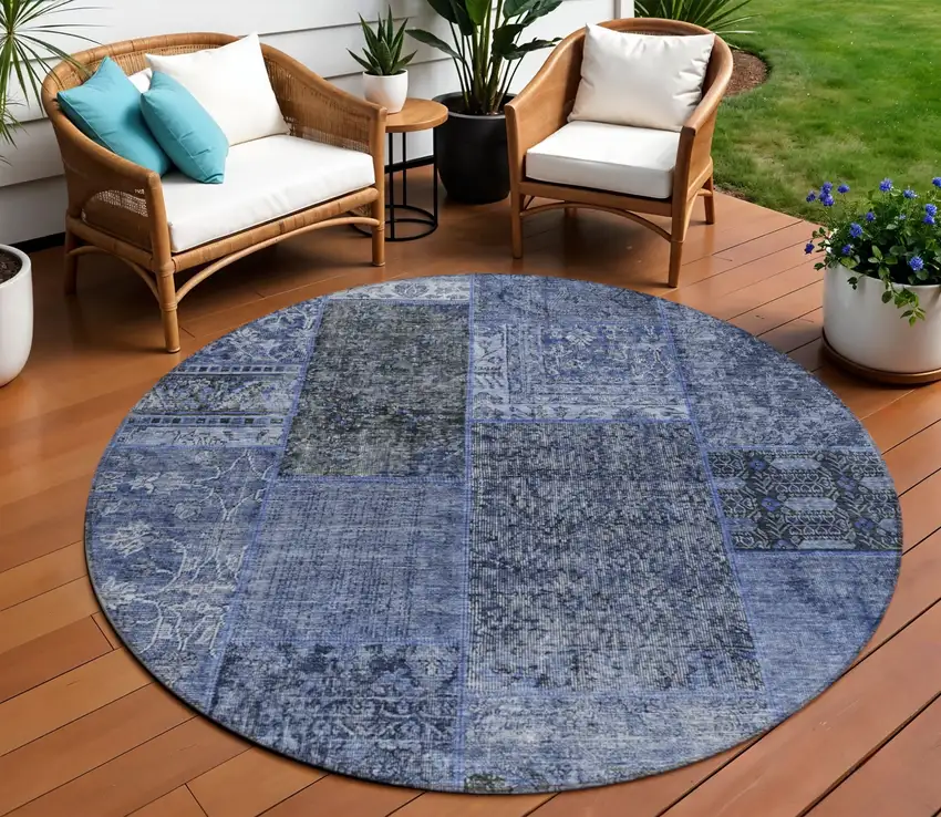 8' Navy Blue Blue And Charcoal Round Patchwork Washable Indoor Outdoor Area Rug Photo 1