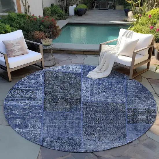 8' Navy Blue Blue And Charcoal Round Patchwork Washable Indoor Outdoor Area Rug Photo 8