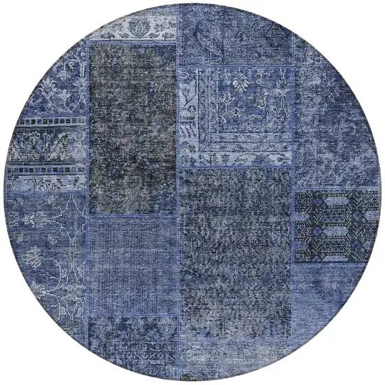 8' Navy Blue Blue And Charcoal Round Patchwork Washable Indoor Outdoor Area Rug Photo 7