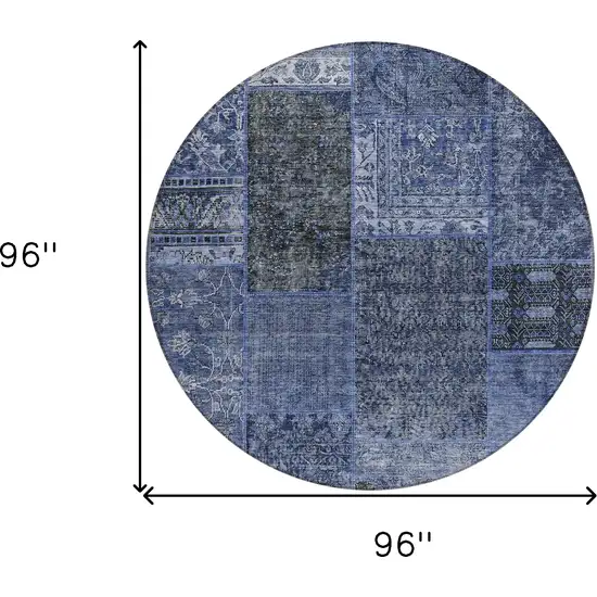 8' Navy Blue Blue And Charcoal Round Patchwork Washable Indoor Outdoor Area Rug Photo 3