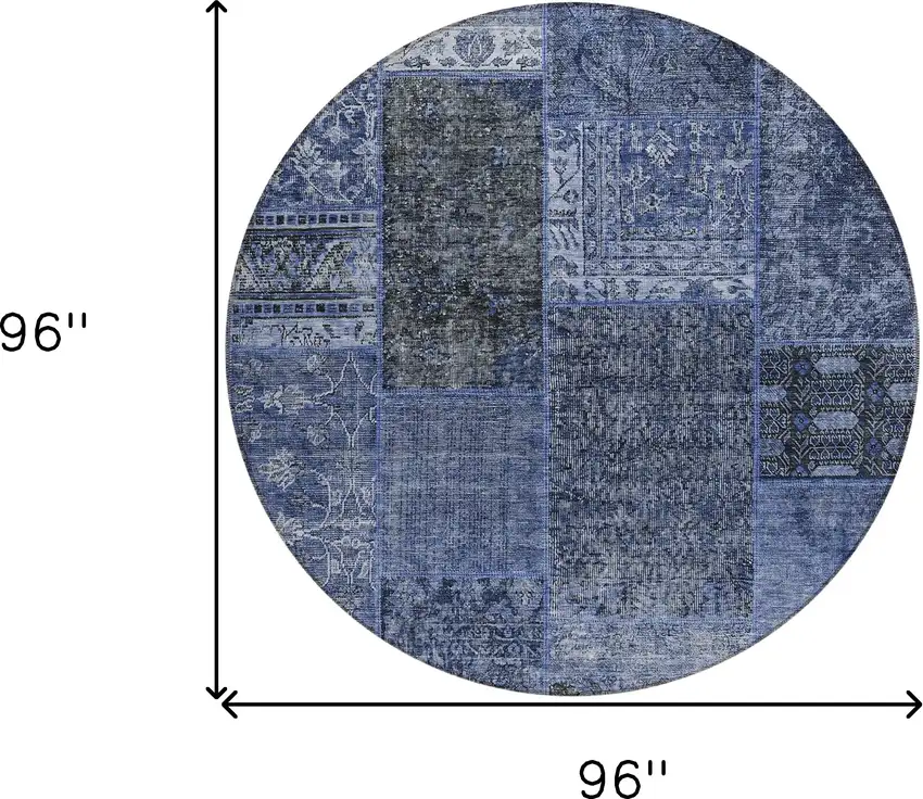 8' Navy Blue Blue And Charcoal Round Patchwork Washable Indoor Outdoor Area Rug Photo 3