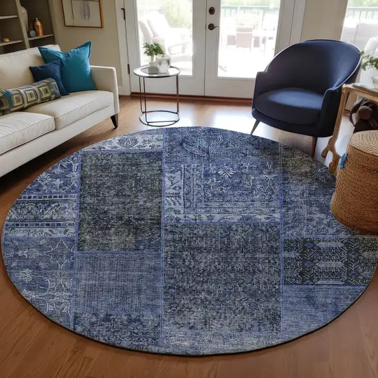 8' Navy Blue Blue And Charcoal Round Patchwork Washable Indoor Outdoor Area Rug Photo 9