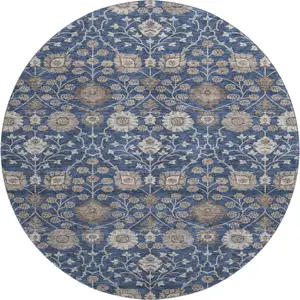 Photo of 8' Navy Blue Brown And Beige Floral Washable Round Rug With UV Protection