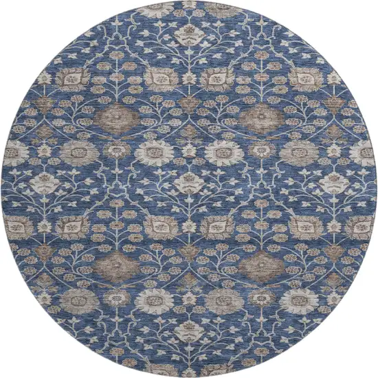 8' Navy Blue Brown And Beige Floral Washable Round Rug With UV Protection Photo 1