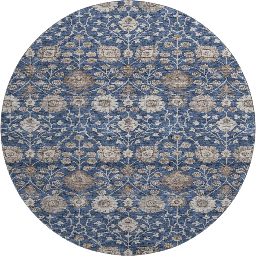 8' Navy Blue Brown And Beige Floral Washable Round Rug With UV Protection Photo 1