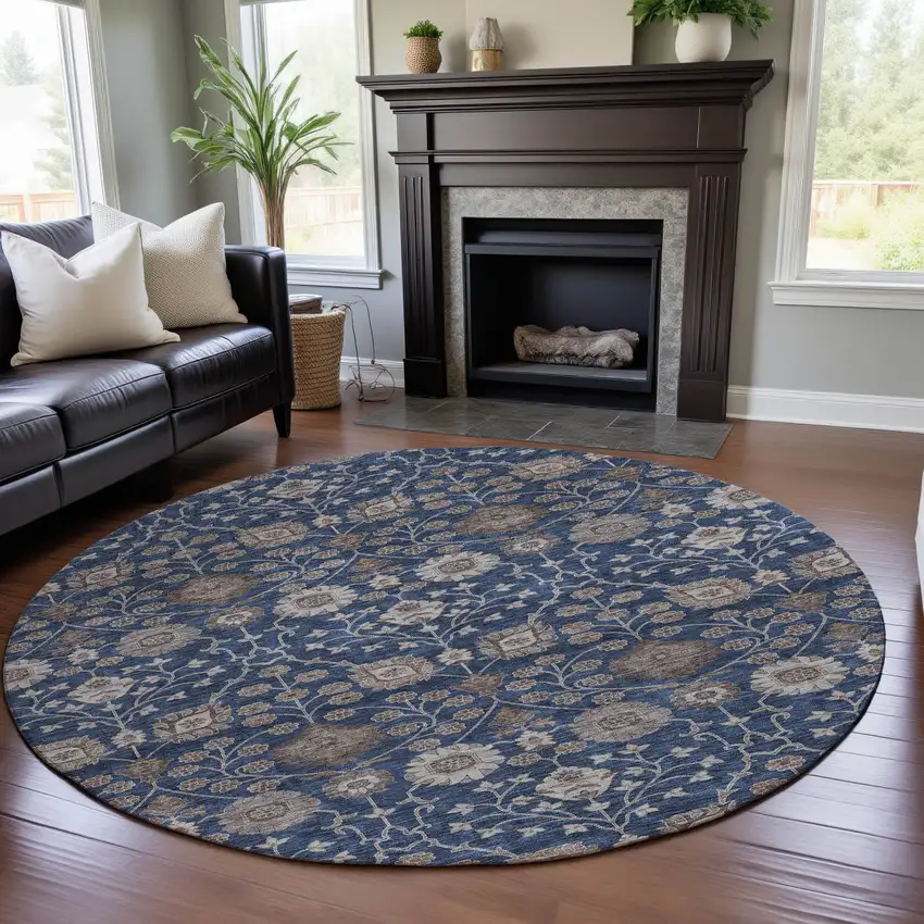 8' Navy Blue Brown And Beige Floral Washable Round Rug With UV Protection Photo 4