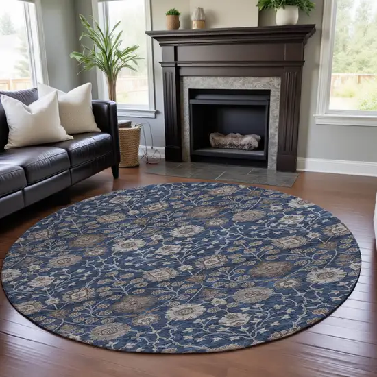 8' Navy Blue Brown And Beige Floral Washable Round Rug With UV Protection Photo 4