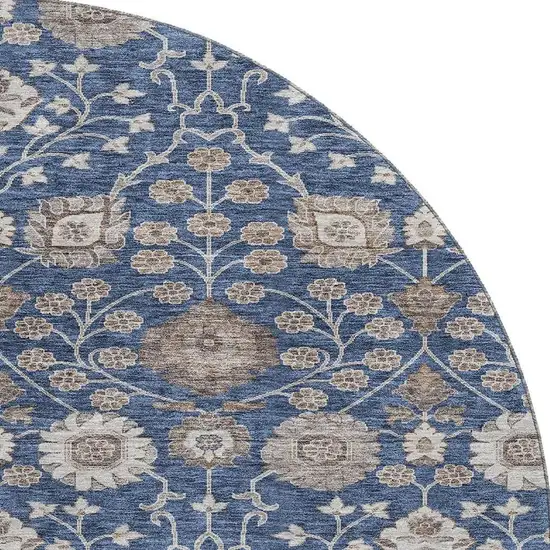 8' Navy Blue Brown And Beige Floral Washable Round Rug With UV Protection Photo 2