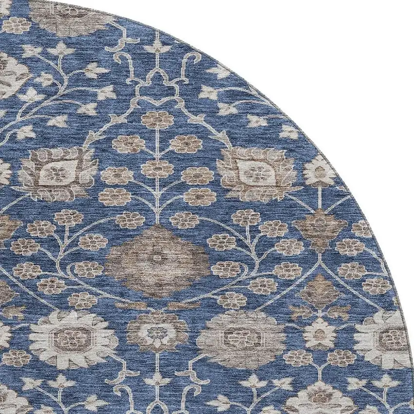 8' Navy Blue Brown And Beige Floral Washable Round Rug With UV Protection Photo 2